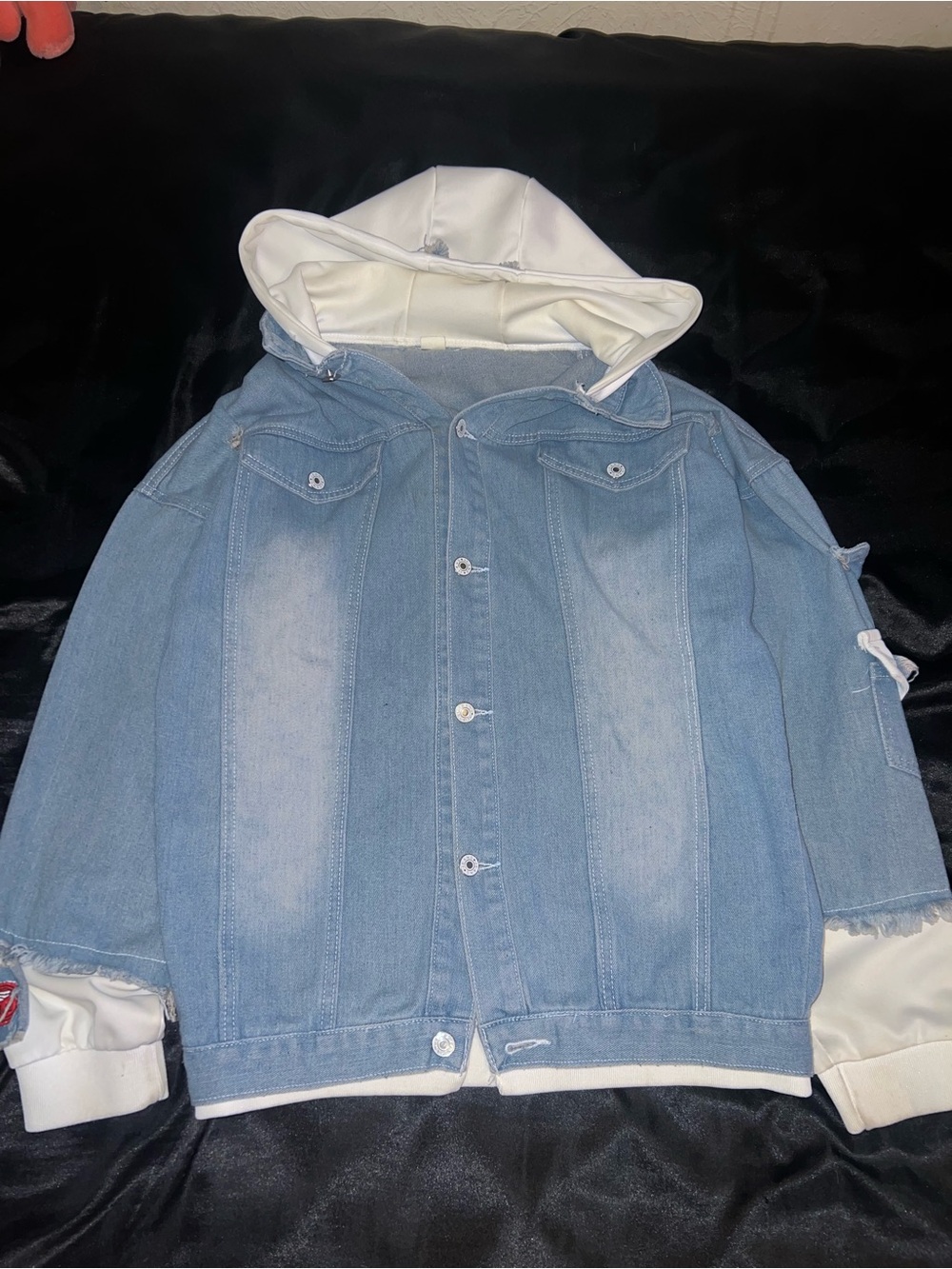 Light Wash Denim Bomber Jacket with White Hood